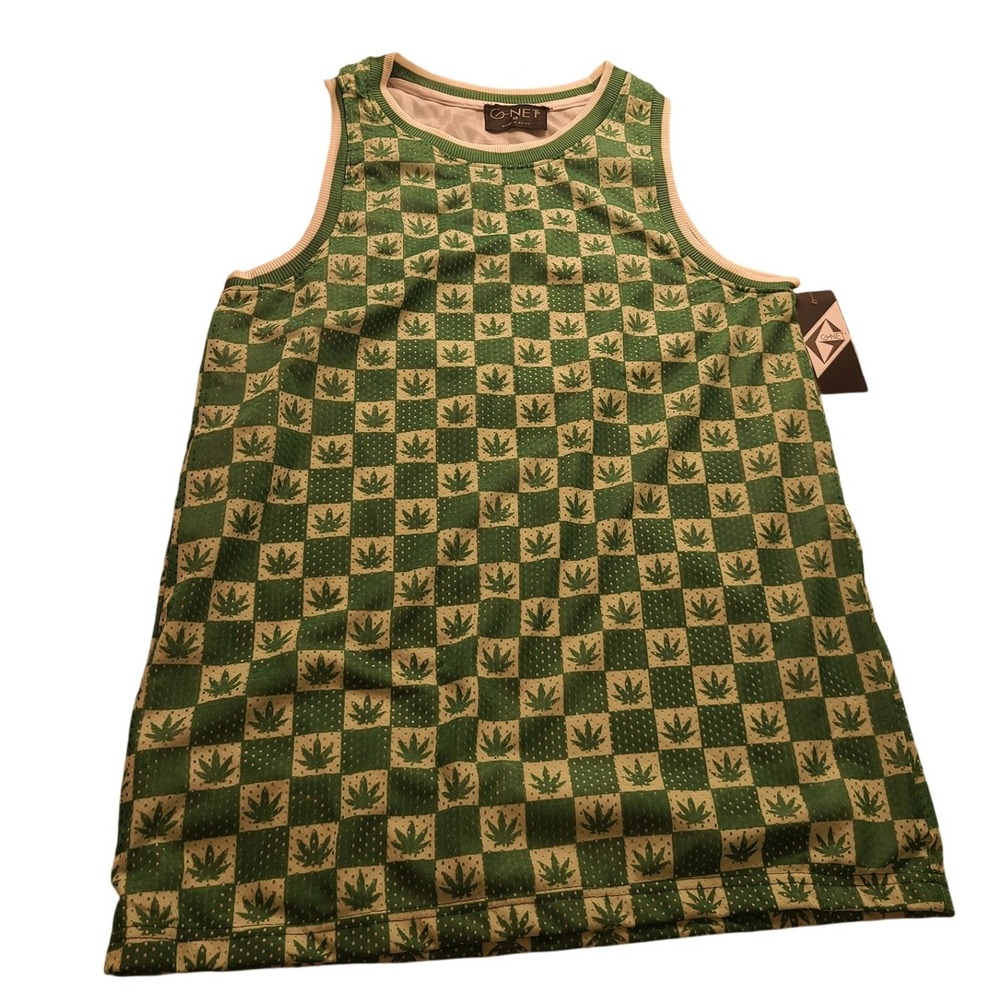 G-Net Men's Mesh Jersey Tank Top Green Checkered Cannabis Leaf MO-3000M Medium